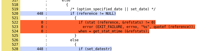 LCOV example 2 of same untested feature in Coreutils date command